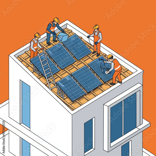 Illustration of workers installing solar panels on a residential building roof.