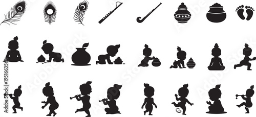 Silhouette vector icon set of Little Lord Krishna