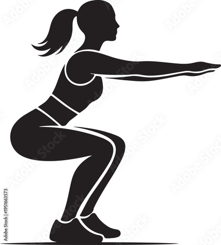 A woman is depicted in a dynamic squat position showcasing fitness and strength presented as a silhouette high quality professional