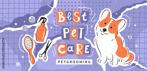 Animal hair grooming salon, haircuts, bathing. Dog and tools for hygiene. Dog pet grooming. Vector illustration in style collage scrapbook