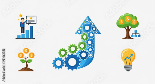 Business growth and success concept with gears and money tree.