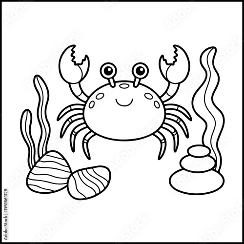 Cute cartoon crab and seashells on comfy ocean coloring page vector illustration