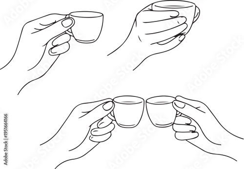 Two pairs of hands delicately hold small cups and another set clasps them together a minimalist silhouette high quality professional