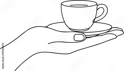 A minimalist line drawing depicts a hand gently holding a teacup and saucer showcasing elegant simplicity as a silhouette