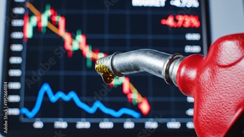 Oil price falling down and going low on stock market chart with dripping fuel nozzle showing economic recession and financial crisis impacting energy industry production and consumption