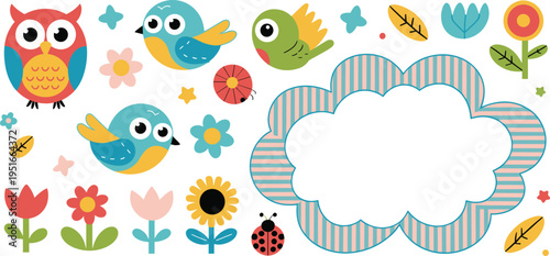 Cute cartoon birds and owl with flowers ladybugs and cloud frame for kids name tags or school labels,