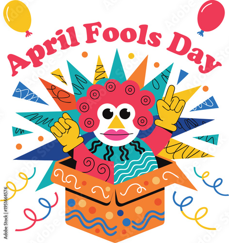 april fools day clown popping from gift box vector illustration