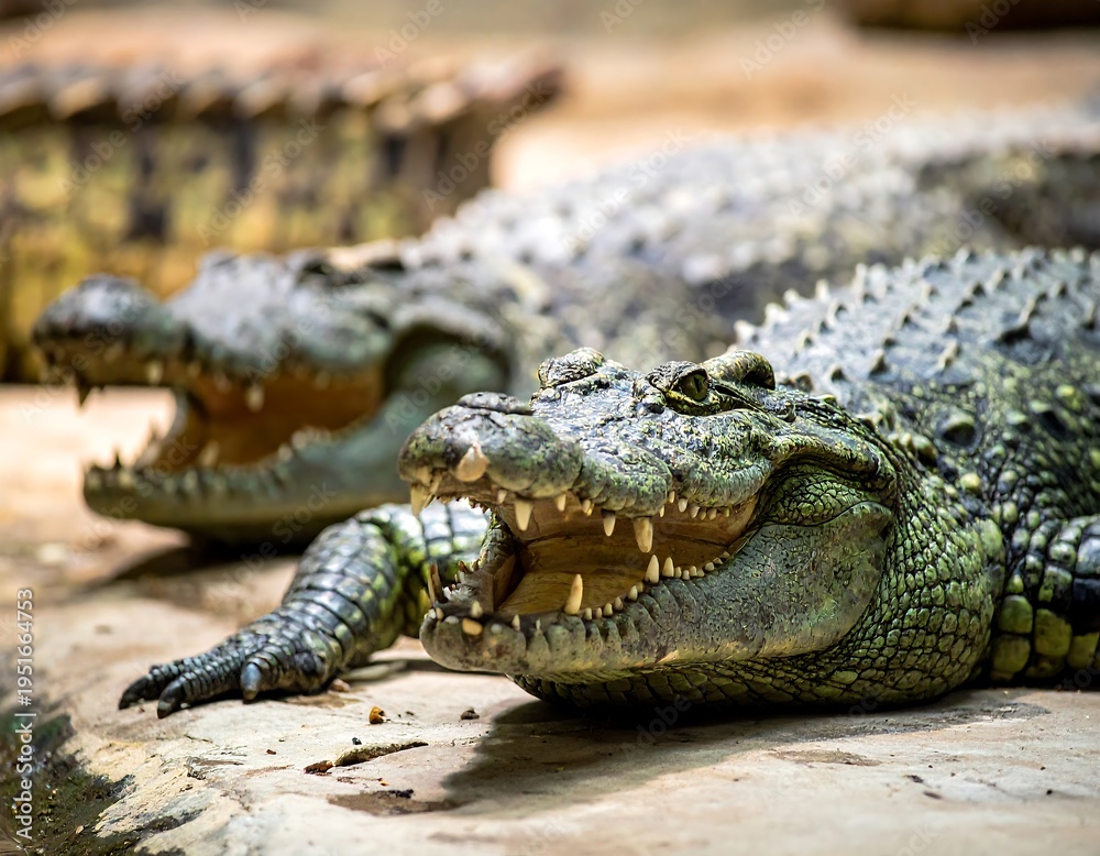 Obraz premium Two menacing crocodiles with open mouths basking in sunlight on a textured surface