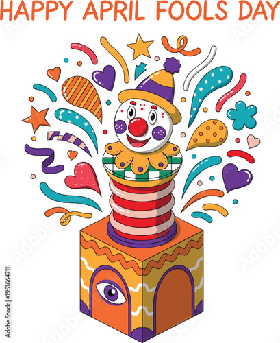 april fools day clown popping from gift box vector illustration