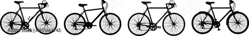 Row of four distinct black and white bicycle silhouettes, featuring various commuter and city bike designs for urban travel and eco-friendly transport.