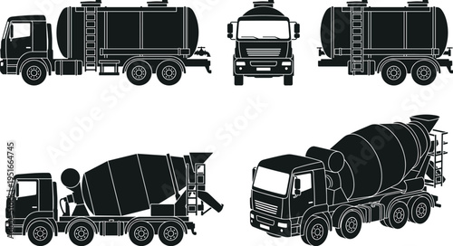 Industrial truck silhouettes collection with tanker and cement mixer vehicles, heavy transport, construction logistics and commercial fleet illustration design