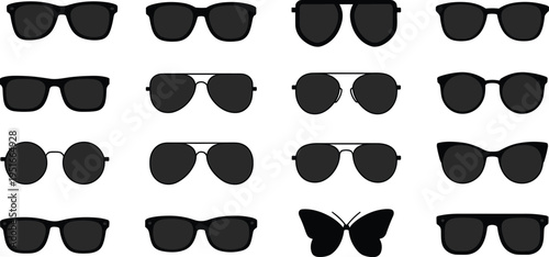 Set of black sunglasses silhouettes and eyewear icons including aviator wayfarer round and cat eye styles with butterfly,