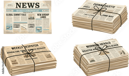 Vintage newspaper stacks and front page illustration with headlines, print media concept, journalism industry, daily press bundles and editorial publishing design