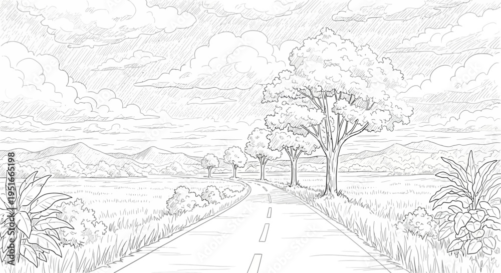 Obraz premium Empty Road Leading Through Rural Landscape with Trees and Fields.