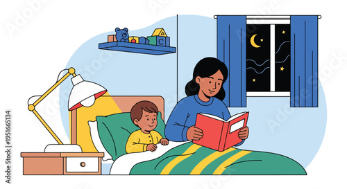 Happy Mother’s Day celebration with loving mother reading bedtime story to child, honoring appreciation, warmth, and family bonding