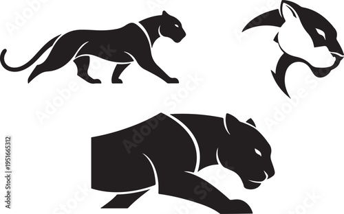 Black panther silhouette in three different poses on white background