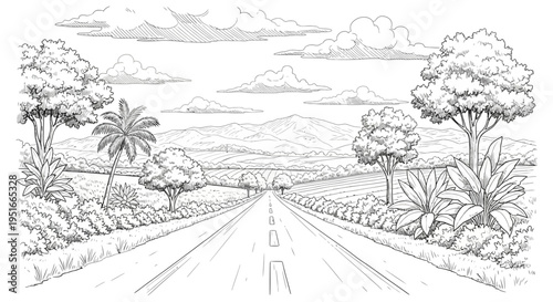 Long straight road stretching into the distance with trees on both sides.