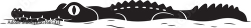 Black silhouette of a crocodile swimming in water side profile view