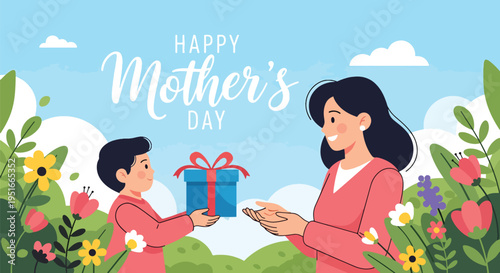 Happy Mother’s Day moment with child presenting gift and flowers to smiling mom in spring garden, celebrating gratitude and appreciation