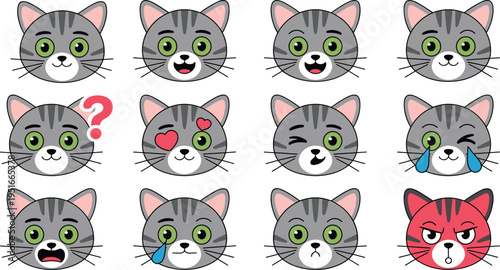 Set of cute cartoon gray cat head emoji icons with various facial expressions and emotions isolated on whiteite,