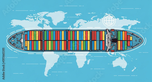 Cargo Ship Carrying Colorful Containers Across a World Map.