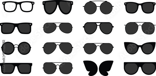 Set of black sunglasses silhouettes and eyewear icons including aviator wayfarer round and cat eye styles with butterfly,