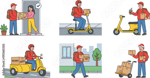 Last mile delivery courier illustration with scooter rider, package handover, doorstep service, urban logistics and fast shipping workflow concept