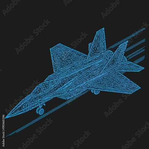 Fighter Jet Wireframe Model Blue Schematic.
