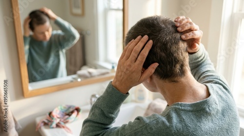 Back view of an adult with short dark hair examining their scalp and reflection in a sunlit bathroom mirror