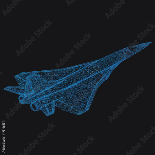 Blue Wireframe Fighter Jet Aircraft Model.