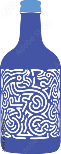Blue glass bottle silhouette with white intricate maze pattern and small colored dots