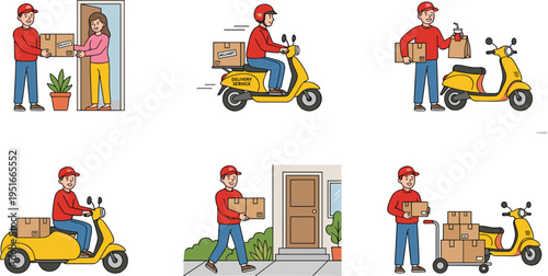 Courier delivery service illustration with rider, package handling, doorstep delivery, scooter transport, logistics workflow and fast shipping concept