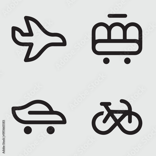 Minimalist line art depicts various transportation methods including an airplane car bicycle and suitcase silhouette high quality professional detailed modern