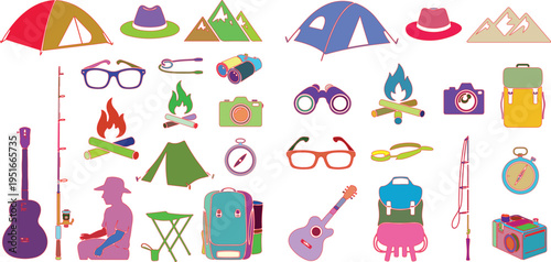 Camping and hiking equipment set with tents backpacks and guitars