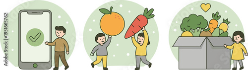 Healthy food delivery concept with mobile app confirmation, fresh fruits and vegetables, and kids promoting organic eating and sustainable grocery lifestyle