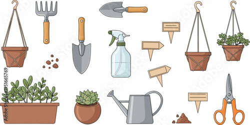 Indoor Gardening and Potted Plant Tools Set with Hand Trowels, Rake, Watering Can, Spray Bottle, Plant Pots, Hanging Planters, Scissors, and Soil Illustrations