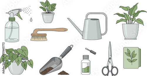 Indoor Gardening Tools and Houseplant Care Vector Set with Watering Can, Spray Bottle, Soil Scoop, Scissors, Fertilizer, and Potted Plants