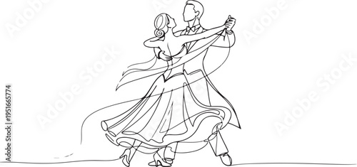 Continuous line of a couple dancing a ballroom waltz in formal attire 1