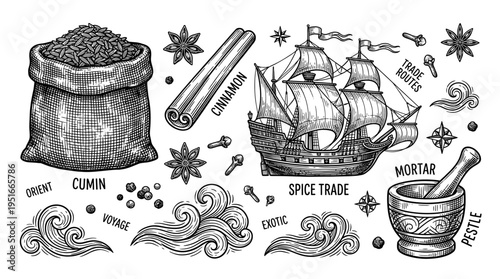 Vintage Spice Trade Vector Illustration Set with Sailing Ship Cinnamon Cumin Sack and Mortar