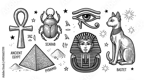 Ancient Egypt Symbols Vector Illustration Set with Pharaoh, Pyramid, Scarab Beetle, Eye of Horus, Bastet Cat, and Ankh in Vintage Engraving Style