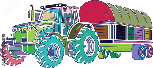 Colorful stylized farm tractor pulling a trailer with a red rounded roof