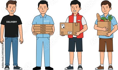 Group of delivery workers holding pizza boxes, parcels, and groceries, illustrating courier services, logistics industry, and modern last mile delivery solutions