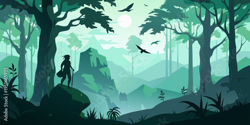 nature silhouette of trees, birds, and person against the backdrop of misty forest