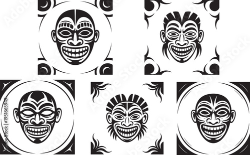 Five black and white tribal tiki mask with decorative frames