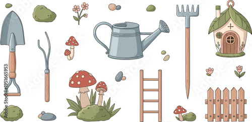 Whimsical Garden Tools and Fairy Garden Set with Shovel, Hand Rake, Watering Can, Mushrooms, Flowers, Ladder, Fence, and Tiny House Illustrations