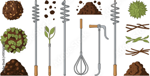 Soil Preparation and Compost Mixing Tools Vector Set with Earth Textures, Garden Augers, Whisk Mixer, Hand Cultivator, and Organic Material Elements