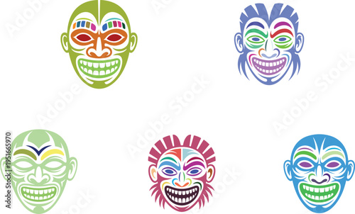Five colorful tribal tiki masks with stylized facial and grinning expressions