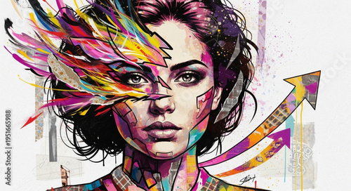 Creative Woman with Colorful Abstract Elements and Upward Arrow.