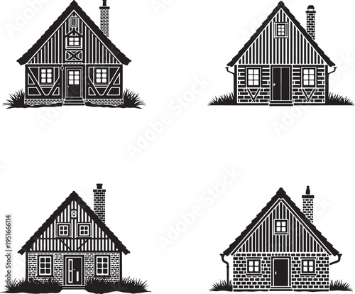 Four black and white silhouette of traditional timber frame cottages with chimneys