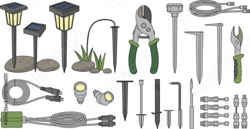 Garden Tools and Outdoor Solar Lighting Equipment Vector Set with Cables, Connectors, Stakes, and Hand Tools for Landscaping and Installation Projects